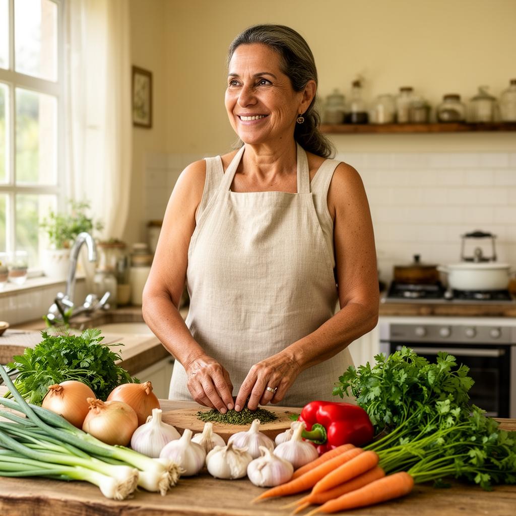 Mãos preparando o tempero com ingredientes naturais frescos